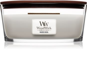 Woodwick Warm Wool geurkaars met een houten lont (hearthwick)