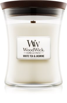 Woodwick White Tea & Jasmine Duftkerze mit Holzdocht