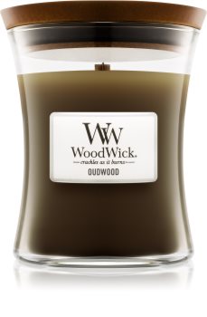 Woodwick Oudwood geurkaars met een houten lont