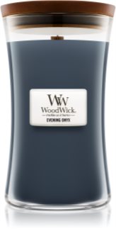 Woodwick Evening Onyx geurkaars met een houten lont