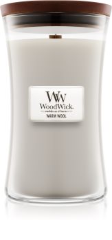 Woodwick Warm Wool geurkaars met een houten lont