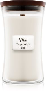 Woodwick Linen illatos gyertya fa kanóccal