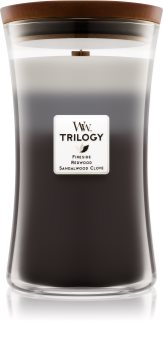 Woodwick Trilogy Warm Woods bougie parfumée avec mèche en bois