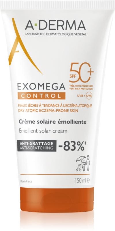 A-Derma Exomega Control Emollient Solar Cream cremă protectoare pentru fata si corp SPF 50+ 150 ml