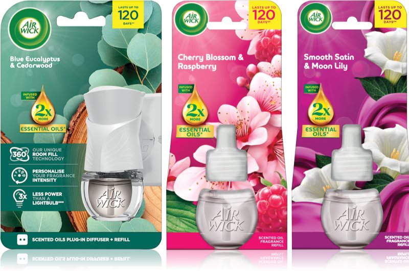 Air Wick Cherry Blossom & Rasberry Blue Eucalyptus & Cedarwood Essential Oils Smooth Satin & Moon Li odorizant de camera