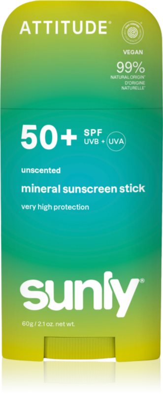 Attitude Sunly Mineral Sunscreen Stick SPF 50+ crema de fata cu minerale pentru protectie stick fără parfum 60 g