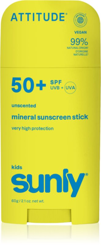 Attitude Sunly Kids Mineral Sunscreen Stick SPF 50+ crema de fata cu minerale pentru protectie stick pentru copii 60 g