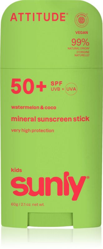Attitude Sunly Kids Watermelon & Coco crema de fata cu minerale pentru protectie stick SPF 50+ 60 g