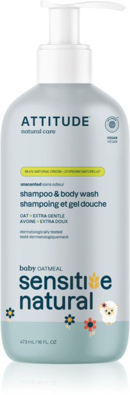 Attitude Sensitive Natural Baby Oatmeal sampon si gel de baie 2 in 1 pentru piele sensibila pentru copii 473 ml