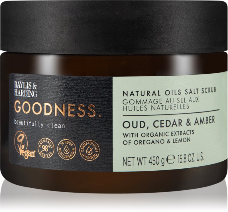 Baylis & Harding Goodness Oud, Cedar & Amber sare pentru exfoliere pentru corp 450 g