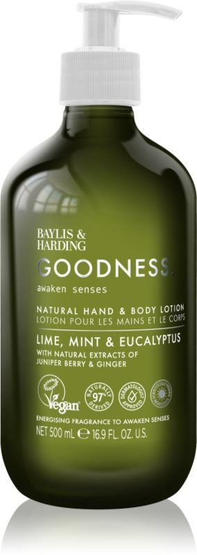 Baylis & Harding Goodness Awaken Senses Lapte de mâini și de corp cu efect revigorant parfum Lime, Mint & Eucalyptus 500 ml