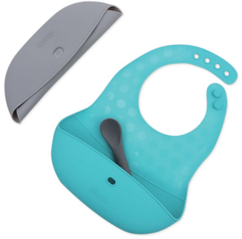 BBLÜV Pöket bavețică cu linguriță Grey/Aqua 2 buc