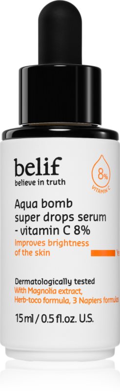 belif Aqua Bomb Super Drops Serum Vitamin C 8% ser stralucire cu vitamina C cu efect antirid 15 ml