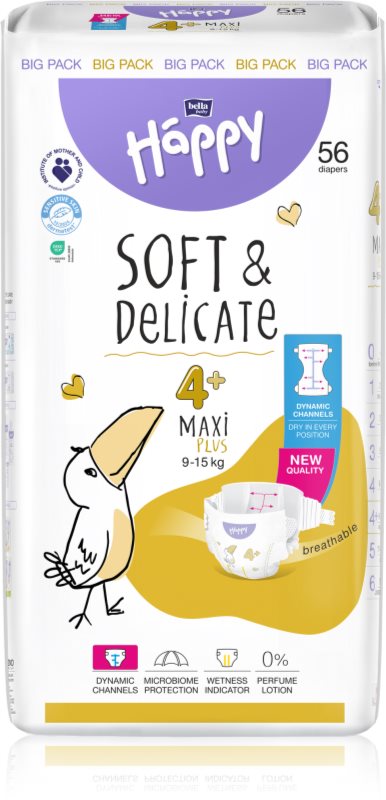 BELLA Baby Happy Soft&Delicate scutece de unică folosință cu canale Maxi Plus 9-15 kg 56 buc