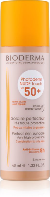 Bioderma Photoderm Nude Touch fluid tonifiant de protecție pentru piele mixtă și grasă SPF 50+ culoare Light Colour 40 ml
