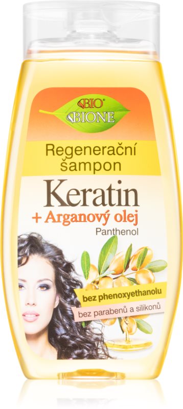 Bione Cosmetics Keratin + Argan sampon pentru regenerare pentru un par stralucitor si catifelat 260 ml