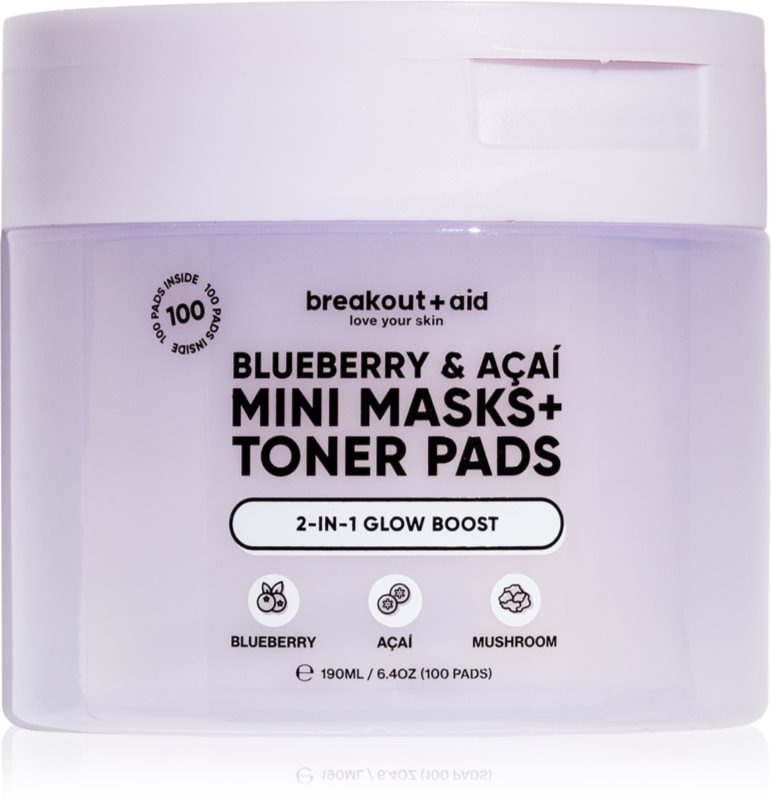breakout + aid Mini Masks+Toner Pads Bluberry & Acai dischete de tonifiere pentru luminozitate si hidratare 100 ml