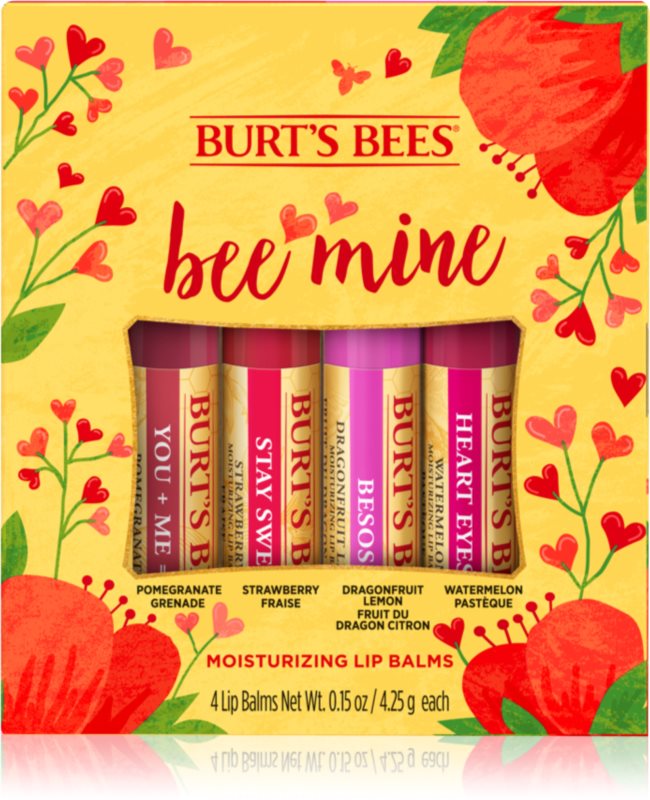 Burt’s Bees Bee Mine balsam de buze cu ceara de albine aroma Pomegranate, Strawberry, Dragonfruit Lemon, Watermelon 4x4.25 g
