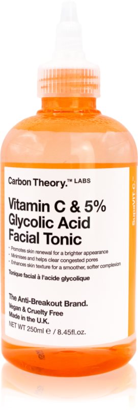 Carbon Theory SupaVIT-C 5% Glycolic & Vitamin C solutie tonica cu efect de iluminare împotriva acneei, a roșeții și a cicatricilor post-acnee 250 ml