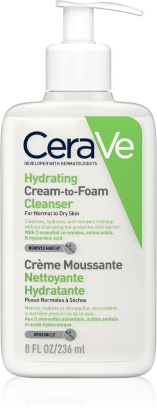 CeraVe Cleansers Hydrating Cream-to-Foam Cleanser crema de curatare sub forma de spuma pentru ten normal spre uscat
