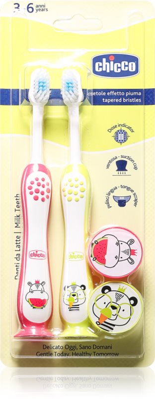 Chicco Toothbrush Set 3-6 y+ periuță de dinți pentru copii, cu suport Hippo-Panda