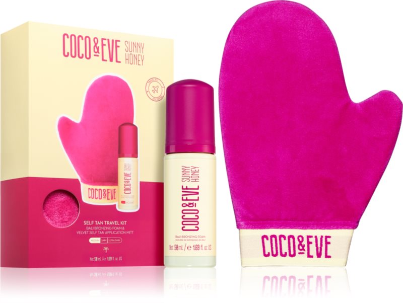 Coco & Eve Sunny Honey Ultimate Glow Travel Kit spumă auto-bronzantă cu mănușă aplicatoare pachet pentru calatorie Medium 60 ml