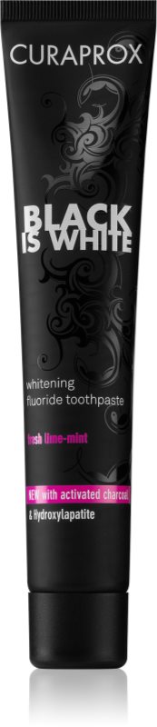 Curaprox Black is White pastă de dinți pentru albire cu cărbune activ și hidroxiapatită aroma Fresh Lime-Mint 90 ml