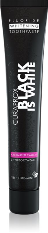 Curaprox Black is White pastă de dinți pentru albire cu cărbune activ și hidroxiapatită aroma Fresh Lime-Mint 90 ml