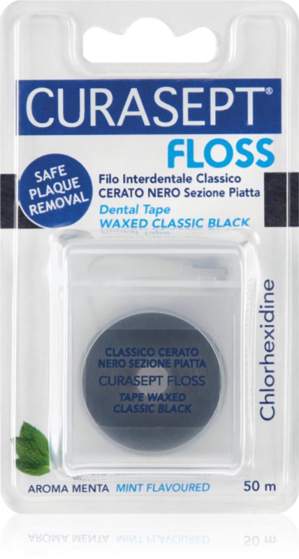 Curasept Dental Tape Waxed Classic Black bandă dentară cerată antibacterial Mint 50 m