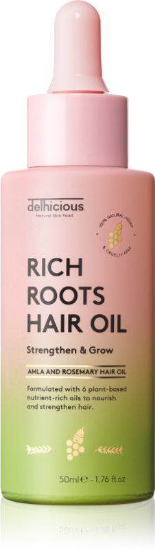 delhicious RICH ROOTS AMLA & ROSEMARY HAIR OIL ulei hidratant si catifelant pentru un scalp uscat, atenueaza senzatia de mancarime 50 ml