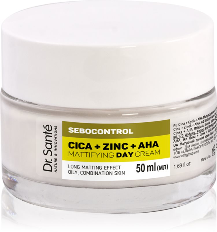 Dr. Santé Sebocontrol Cica + Zinc + AHA crema de zi matifianta pentru ten gras 50 ml