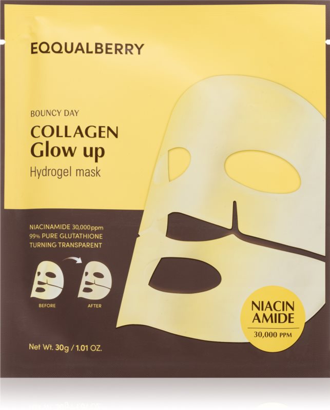 EQQUALBERRY Collagen Glow Up Hydrogel Mask Mască textilă cu efect de iluminare și hidratare cu textura de gel 30 g