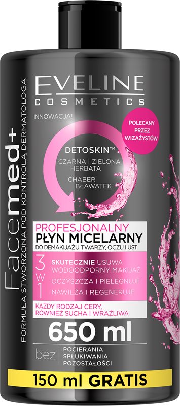 Eveline Cosmetics FaceMed+ Apa micela cu efect de curatare si indepartare a machiajului cu efect detoxifiant 650 ml