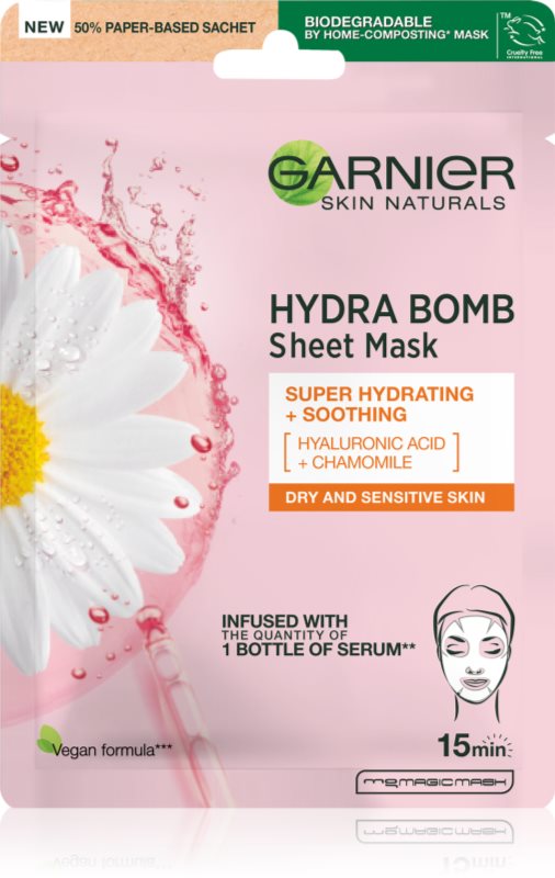 Garnier Textil Masks Hydra Bomb mască cu efect calmant și super hidratant pentru piele uscata spre sensibila 28 g