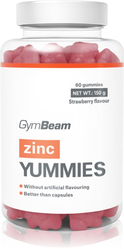 GymBeam Zinc Yummies bomboane tip jeleu pentru susținerea sistemului imunitar, a frumuseții părului și a tenului și pentru sănătatea dinților aroma Strawberry 150 g