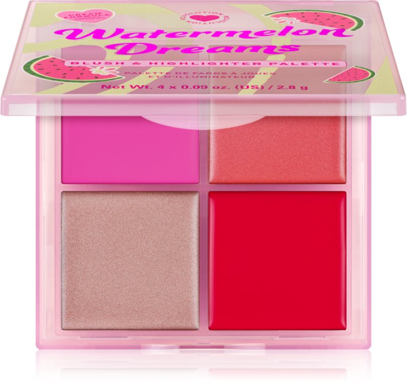 I Heart Revolution Watermelon Dreams Blush & Highlighter Quad paletă cu iluminatoare și farduri de obraz 4x2.8 g