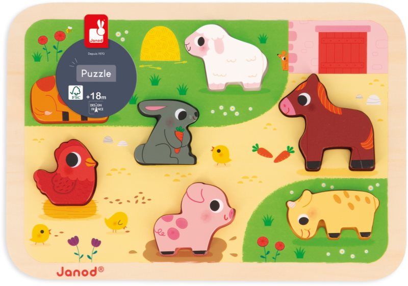 Janod Chunky Farm Puzzle jucărie interactivă cu piese care se pot insera 18m+ 7 buc