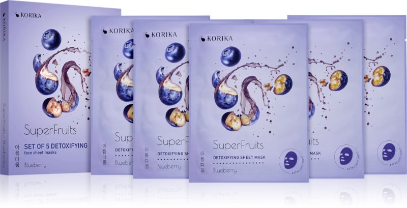 KORIKA SuperFruits Blueberry - Set of 5 Detoxifying Face Sheet Masks set de măști de față la un preț mai avantajos cu efect detoxifiant Blueberry