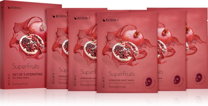 KORIKA SuperFruits Pomegranate - Set of 5 Hydrating Face Sheet Masks set de măști de față la un preț mai avantajos cu efect de hidratare Pomegranate