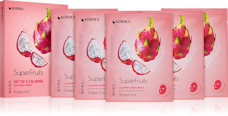 KORIKA SuperFruits Dragon Fruit - Set of 5 Calming Face Sheet Masks set de măști de față la un preț mai avantajos cu efect calmant Dragon fruit