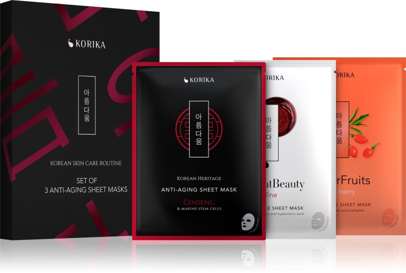 KORIKA KOREAN SKIN CARE ROUTINE SET OF 3 ANTI-AGING SHEET MASKS set antirid