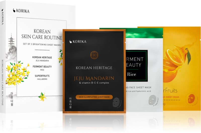 KORIKA KOREAN SKIN CARE ROUTINE SET OF 3 BRIGHTENING SHEET MASKS set pentru o piele mai luminoasa