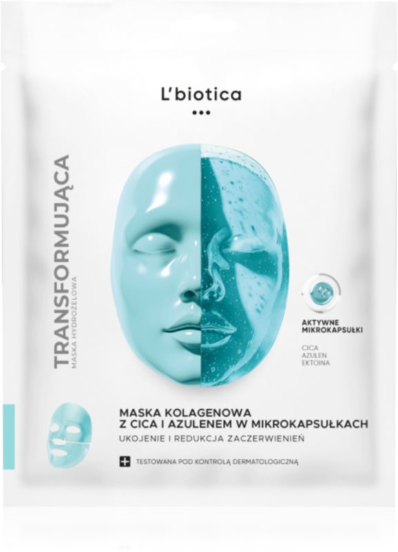 L’biotica Transforming Collagen Mask with CICA and Azulene in Microcapsules masca de colagen împotriva roșeții tenului 1 buc