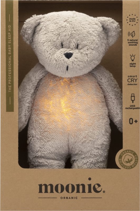 Moonie Bear 2.0 Organic Grey jucărie de adormit cu melodie 1 buc