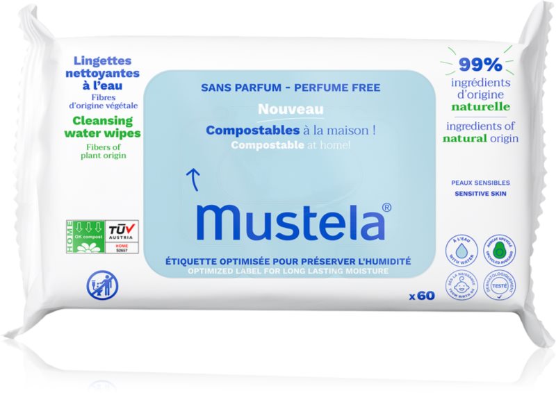 Mustela Compostable at Home Cleansing Wipes Perfume Free servetele pentru curatare fara parfum pentru nou-nascuti si copii 60 buc