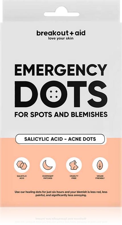 breakout + aid Emergency Dots For Spots and Blemishes tratament topic pentru acnee pe fata, decolteu si spate cu acid salicilic 72 buc