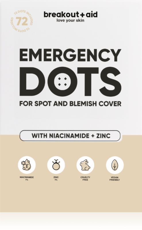 breakout + aid Emergency Dots For Spots and Blemishes tratament topic pentru acnee cu niacinamidă și zinc 72 buc