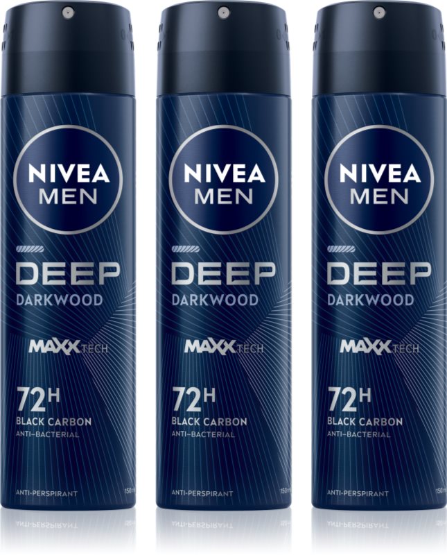 NIVEA MEN Deep Black Carbon Darkwood spray anti-perspirant ambalaj economic pentru bărbați 3 x 150 ml