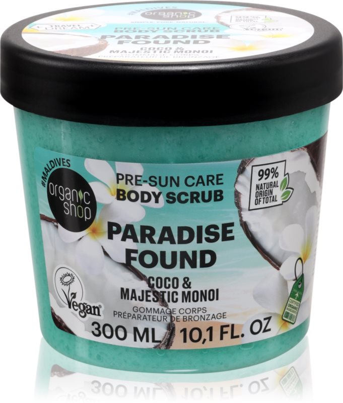 Organic Shop Paradise Found Coco & Majestic Monoi exfoliant pentru corp pentru un bronz frumos și o piele sănătoasă 300 ml