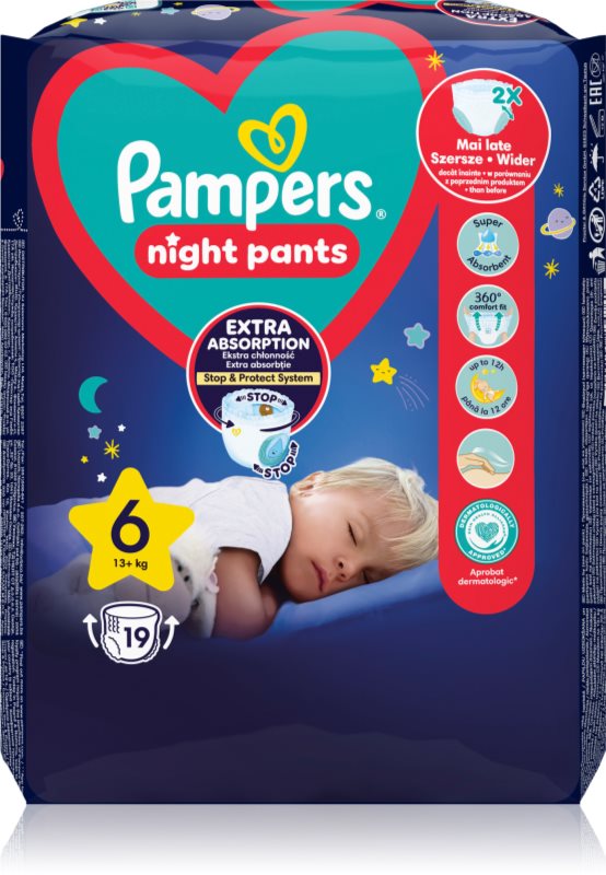 Pampers Night Pants Size 6 scutece de unică folosință tip chiloțel pentru noapte 13+ kg 19 buc
